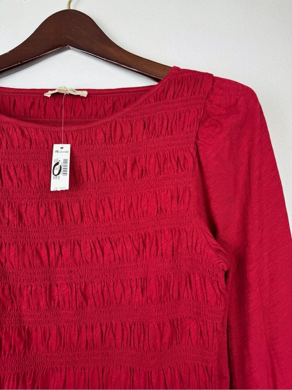 Madewell Smocked Cotton Boatneck Puff Sleeves Slim Fit Top Red Size M NWT